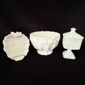 Milk Glass Lot/3 Pc: Ivey Leaf Bowl, H Atlas Grapes Dish,Westmoreland Candy Dish